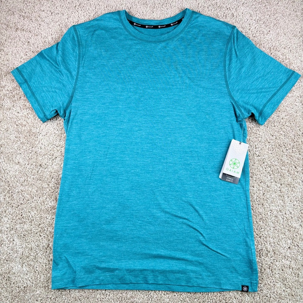 Gaiam T-Shirt Mens M Fitness Slim Fit Biscay Bay Heather Teal Crew Neck NWT